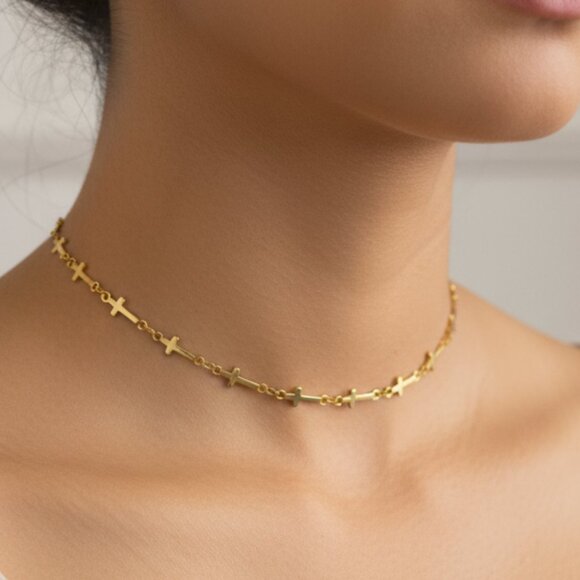 Cross Chain Stainless Steel Necklace Gold Plated Stainless Steel Handmade - Picture 2 of 11